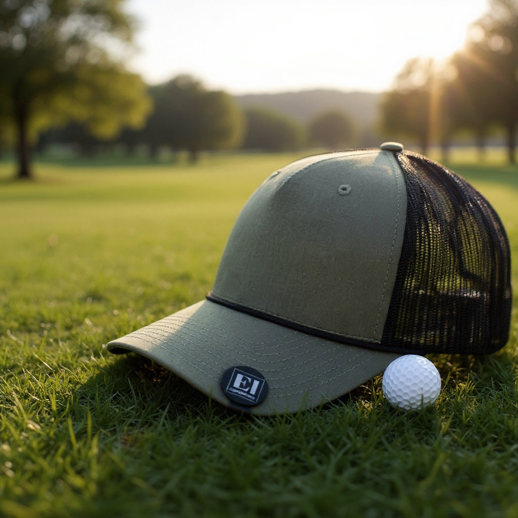 A custom laser engraved magnetic golf marker hat clip sitting on green grass next to a golf ball. Perfect for businesses, corporations, and golf tournaments. Personalized with your logo or design, this stylish and functional golf accessory makes a professional gift for clients, employees, or tournament participants.