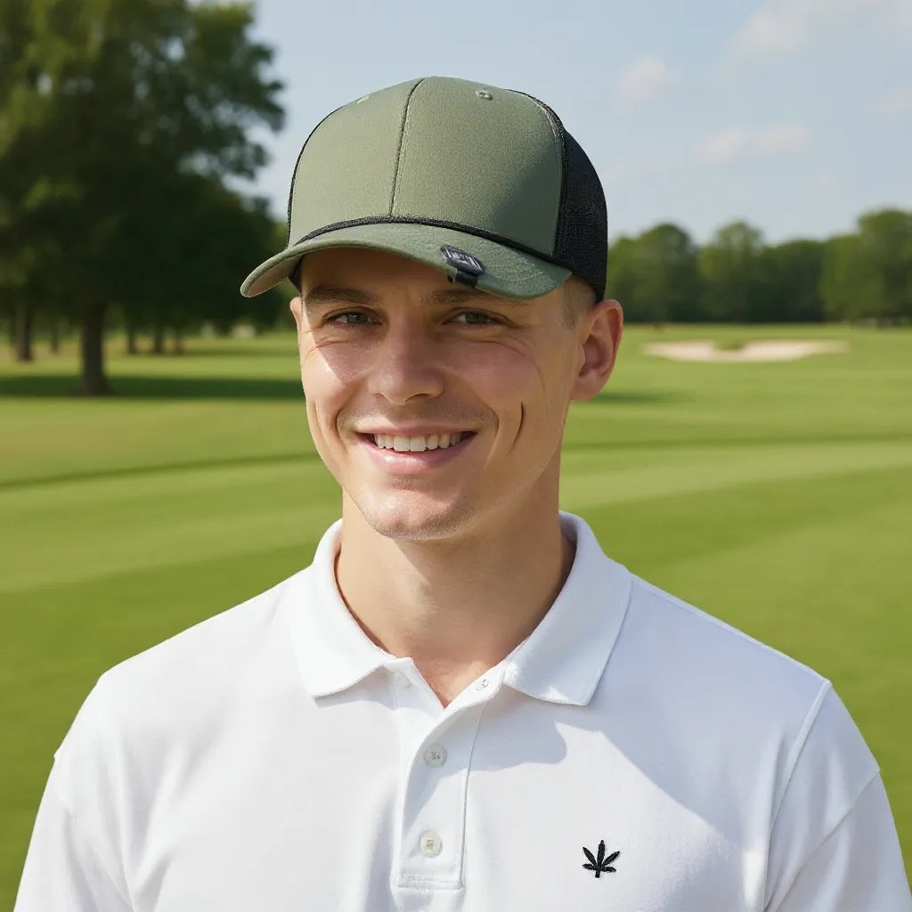 Golf course photo featuring a personalized magnetic hat clip and golf ball. Great for tournaments, promotional giveaways, and business gifts. Each clip is laser engraved, lightweight, durable, and perfectly sized at 24 mm x 27 mm to showcase your logo in style.