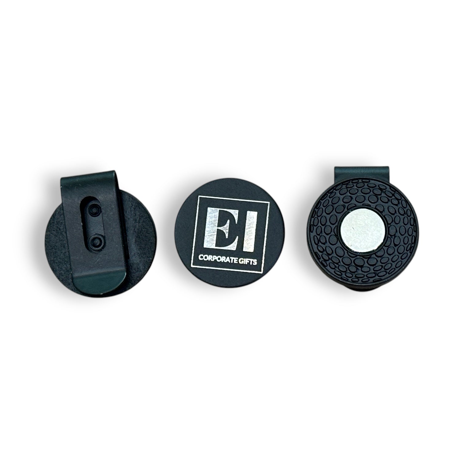 Close-up of a magnetic golf hat clip with laser engraved personalization shown with a golf ball. A thoughtful custom golf gift for events, corporate outings, and client appreciation. Perfect size for any hat brim, making it a practical yet stylish branded accessory.