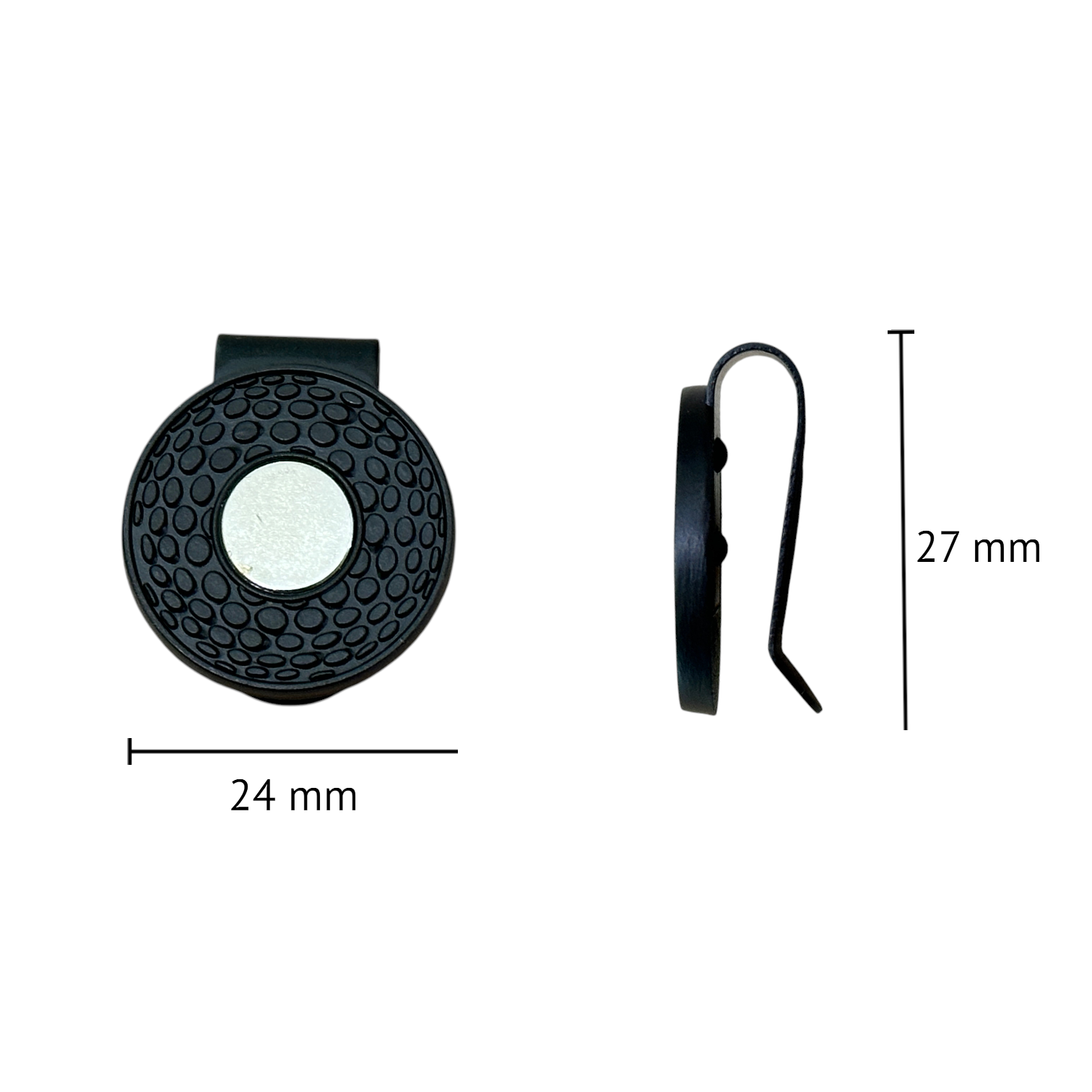 Engraved golf marker hat clip with magnetic design displayed outdoors on a golf course. A personalized promotional gift for golfers, ideal for tournaments, business giveaways, and corporate branding. Durable, lightweight, and custom engraved with your company logo.